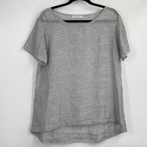 Cut Loose Grey and White Striped Short Sleeve Shirt with Floral Print